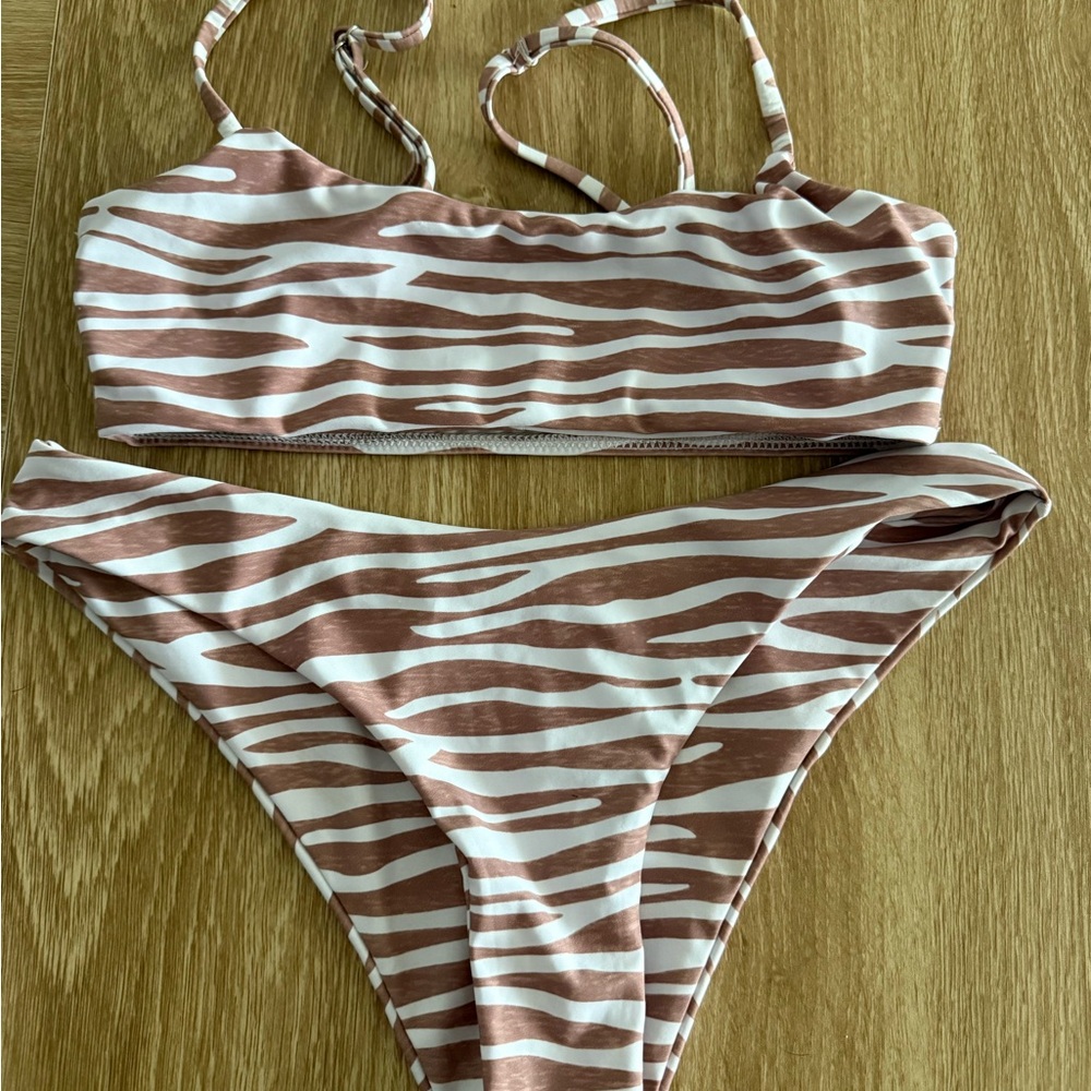 SHEIN White and Brown Zebra Print Bikini Set